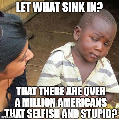 Third World Skeptical Kid Meme | LET WHAT SINK IN? THAT THERE ARE OVER A MILLION AMERICANS THAT SELFISH AND STUPID? | image tagged in memes,third world skeptical kid | made w/ Imgflip meme maker