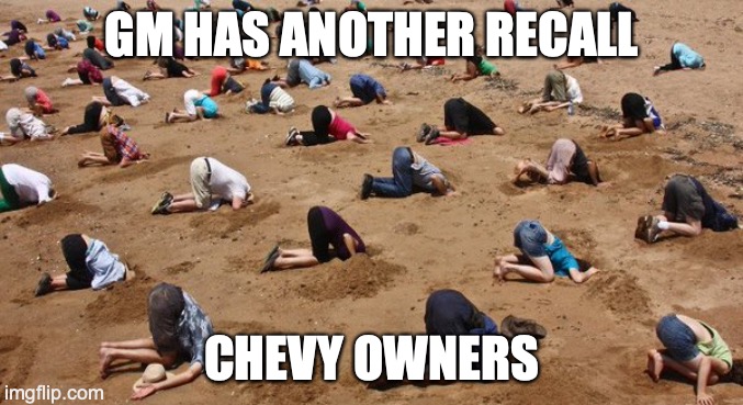 chevy meme | GM HAS ANOTHER RECALL; CHEVY OWNERS | image tagged in heads in the sand | made w/ Imgflip meme maker