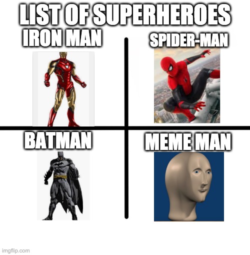 meme man is king | LIST OF SUPERHEROES; IRON MAN; SPIDER-MAN; BATMAN; MEME MAN | image tagged in memes,blank starter pack,meme man | made w/ Imgflip meme maker
