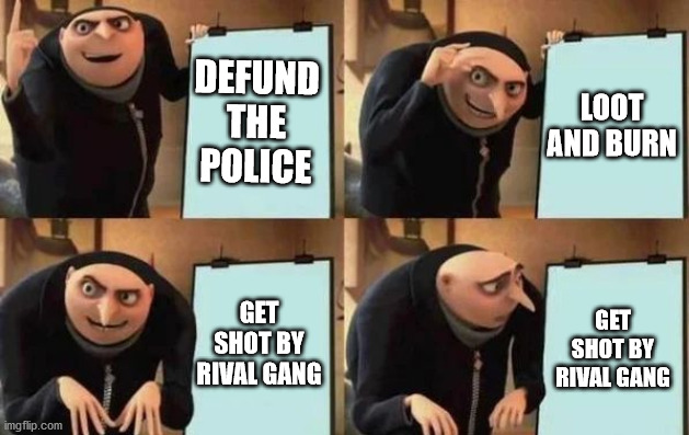 "Chaz' Plan", or "Why 'Anarchy in the USA' will fail" | DEFUND THE POLICE LOOT AND BURN GET SHOT BY RIVAL GANG GET SHOT BY RIVAL GANG | image tagged in gru's plan,chaz,antifa,anarchy | made w/ Imgflip meme maker
