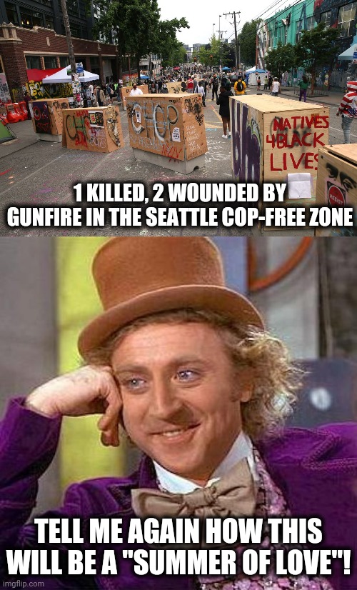 Everyone but the progressives knew how this was going to turn out! | 1 KILLED, 2 WOUNDED BY GUNFIRE IN THE SEATTLE COP-FREE ZONE; TELL ME AGAIN HOW THIS WILL BE A "SUMMER OF LOVE"! | image tagged in memes,creepy condescending wonka,seattle,capitol hill,occupied zone,blm | made w/ Imgflip meme maker