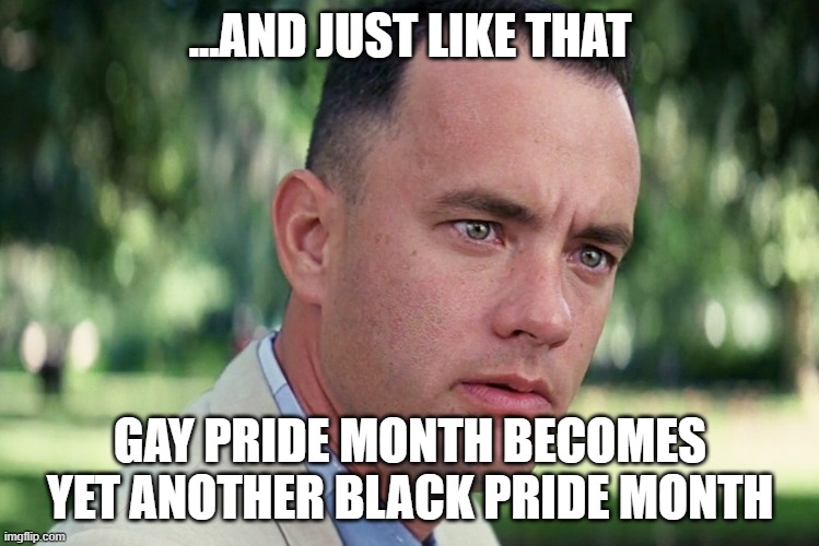 And Just Like That Meme | ...AND JUST LIKE THAT; GAY PRIDE MONTH BECOMES YET ANOTHER BLACK PRIDE MONTH | image tagged in memes,and just like that,gay pride,blm,juneteenth | made w/ Imgflip meme maker