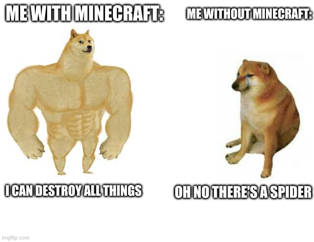 Buff Doge vs. Cheems | ME WITHOUT MINECRAFT:; ME WITH MINECRAFT:; I CAN DESTROY ALL THINGS; OH NO THERE'S A SPIDER | image tagged in strong doge weak doge | made w/ Imgflip meme maker