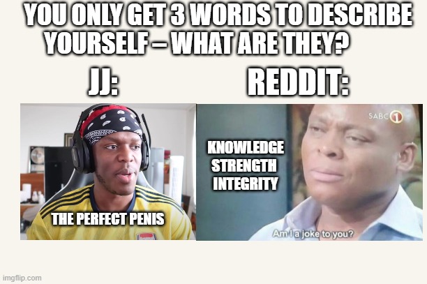 YOU ONLY GET 3 WORDS TO DESCRIBE YOURSELF – WHAT ARE THEY? JJ:                      REDDIT:; KNOWLEDGE
STRENGTH 
INTEGRITY; THE PERFECT PENIS | made w/ Imgflip meme maker