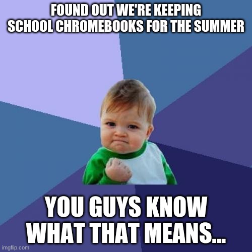 Awww yeah... | FOUND OUT WE'RE KEEPING SCHOOL CHROMEBOOKS FOR THE SUMMER; YOU GUYS KNOW WHAT THAT MEANS... | image tagged in memes,success kid | made w/ Imgflip meme maker