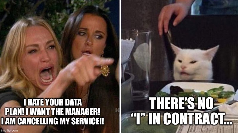 Woman yelling at white cat | THERE’S NO “I” IN CONTRACT... I HATE YOUR DATA PLAN! I WANT THE MANAGER! I AM CANCELLING MY SERVICE!! | image tagged in woman yelling at white cat | made w/ Imgflip meme maker