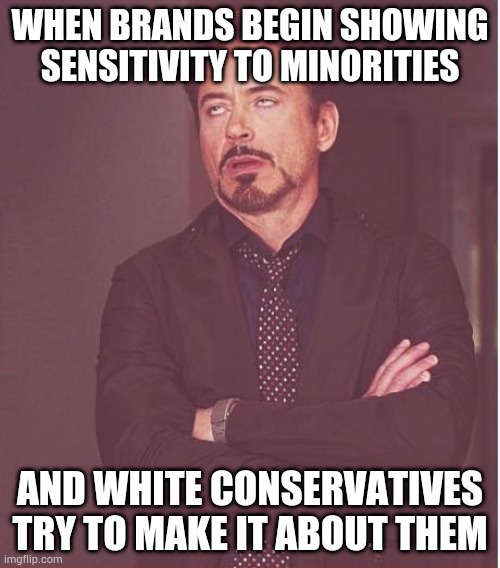 Snowflakes always seem to be white, notice that? | WHEN BRANDS BEGIN SHOWING SENSITIVITY TO MINORITIES; AND WHITE CONSERVATIVES TRY TO MAKE IT ABOUT THEM | image tagged in memes,face you make robert downey jr | made w/ Imgflip meme maker