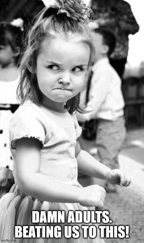 Angry Toddler Meme | DAMN ADULTS. BEATING US TO THIS! | image tagged in memes,angry toddler | made w/ Imgflip meme maker