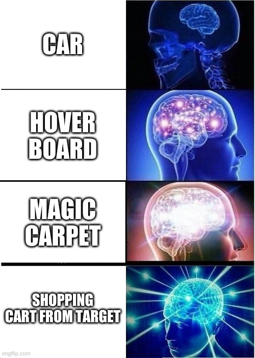 Vehicles | CAR; HOVER BOARD; MAGIC CARPET; SHOPPING CART FROM TARGET | image tagged in memes,expanding brain | made w/ Imgflip meme maker