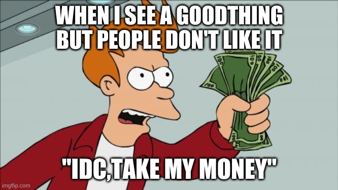 Shut Up And Take My Money Fry | WHEN I SEE A GOODTHING BUT PEOPLE DON'T LIKE IT; "IDC,TAKE MY MONEY" | image tagged in memes,shut up and take my money fry | made w/ Imgflip meme maker