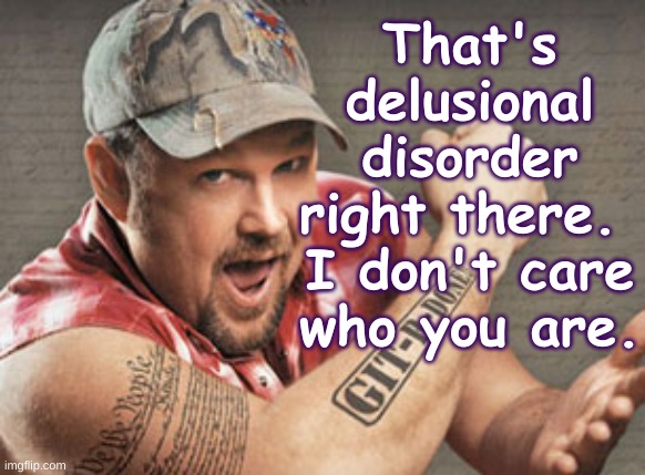 Delusional Disorder | That's delusional disorder right there.  I don't care who you are. | image tagged in larry the cable guy,i don't care,online,twitter,media,news | made w/ Imgflip meme maker