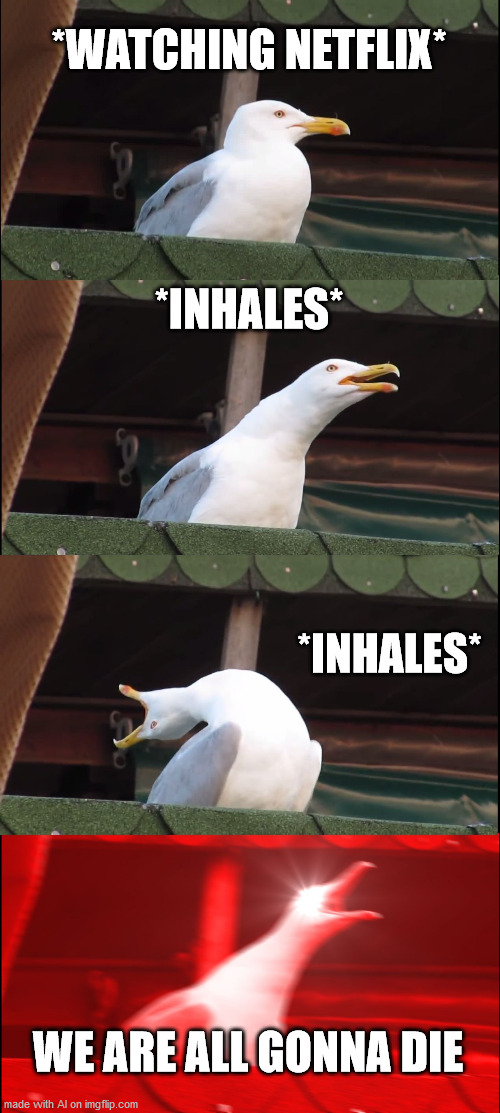 Someone has been watching too much netflix. | *WATCHING NETFLIX*; *INHALES*; *INHALES*; WE ARE ALL GONNA DIE | image tagged in memes,inhaling seagull,netflix | made w/ Imgflip meme maker