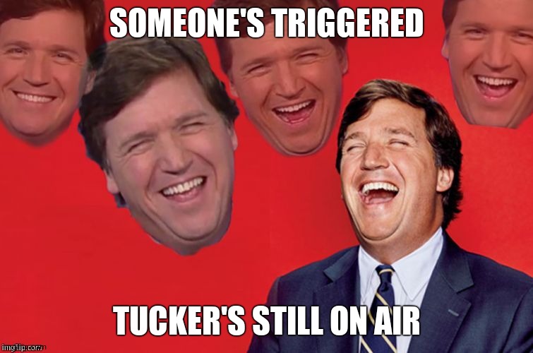 Tucker laughs at libs | SOMEONE'S TRIGGERED TUCKER'S STILL ON AIR | image tagged in tucker laughs at libs | made w/ Imgflip meme maker