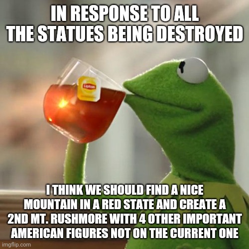 But That's None Of My Business | IN RESPONSE TO ALL THE STATUES BEING DESTROYED; I THINK WE SHOULD FIND A NICE MOUNTAIN IN A RED STATE AND CREATE A 2ND MT. RUSHMORE WITH 4 OTHER IMPORTANT AMERICAN FIGURES NOT ON THE CURRENT ONE | image tagged in memes,but that's none of my business,kermit the frog | made w/ Imgflip meme maker