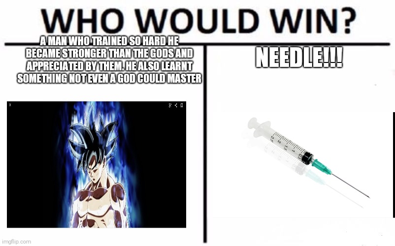 Who Would Win? | NEEDLE!!! A MAN WHO TRAINED SO HARD HE BECAME STRONGER THAN THE GODS AND APPRECIATED BY THEM. HE ALSO LEARNT SOMETHING NOT EVEN A GOD COULD MASTER | image tagged in memes,who would win | made w/ Imgflip meme maker