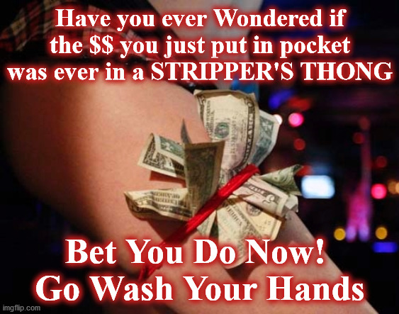 stripper | Have you ever Wondered if the $$ you just put in pocket was ever in a STRIPPER'S THONG; Bet You Do Now! 
Go Wash Your Hands | image tagged in stripper | made w/ Imgflip meme maker
