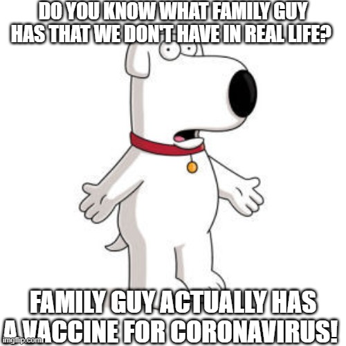 is whoever making the vaccine as slow as a snail? its only june 2020 as of now and NO VACCINE! |  DO YOU KNOW WHAT FAMILY GUY HAS THAT WE DON'T HAVE IN REAL LIFE? FAMILY GUY ACTUALLY HAS A VACCINE FOR CORONAVIRUS! | image tagged in memes,family guy brian,coronavirus,vaccine | made w/ Imgflip meme maker