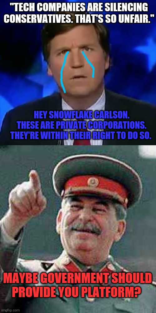You still got the pillow guy | "TECH COMPANIES ARE SILENCING CONSERVATIVES. THAT'S SO UNFAIR."; HEY SNOWFLAKE CARLSON. THESE ARE PRIVATE CORPORATIONS. THEY'RE WITHIN THEIR RIGHT TO DO SO. MAYBE GOVERNMENT SHOULD PROVIDE YOU PLATFORM? | image tagged in memes,scumbag republicans,tucker carlson,loser,donald trump is an idiot | made w/ Imgflip meme maker