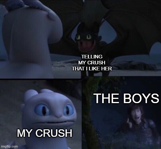 How to train your dragon 3 | TELLING MY CRUSH THAT I LIKE HER; THE BOYS; MY CRUSH | image tagged in how to train your dragon 3 | made w/ Imgflip meme maker