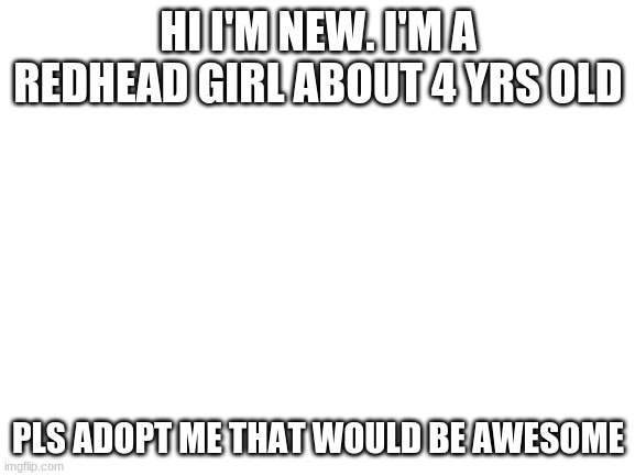 Hi! | HI I'M NEW. I'M A REDHEAD GIRL ABOUT 4 YRS OLD; PLS ADOPT ME THAT WOULD BE AWESOME | image tagged in blank white template | made w/ Imgflip meme maker