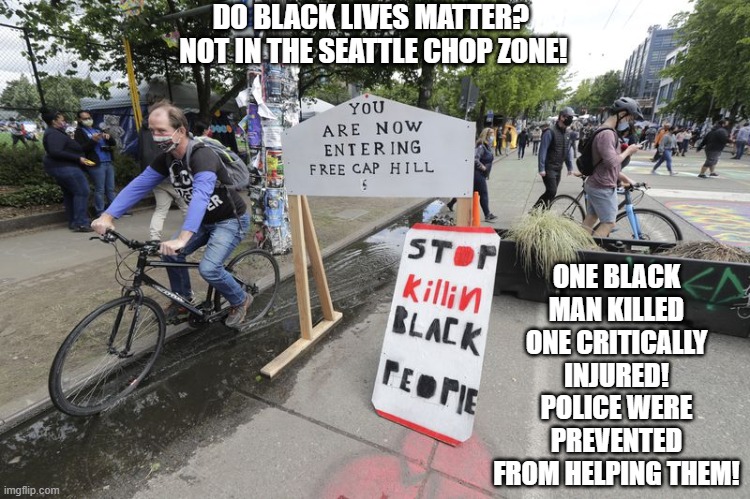 Do Black Lives Matter? Not In The Seattle Chop Zone! | DO BLACK LIVES MATTER?  NOT IN THE SEATTLE CHOP ZONE! ONE BLACK MAN KILLED ONE CRITICALLY INJURED! POLICE WERE PREVENTED FROM HELPING THEM! | image tagged in stupid liberals,chop,blm | made w/ Imgflip meme maker