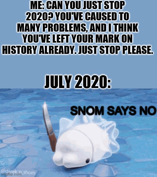July No | ME: CAN YOU JUST STOP 2020? YOU'VE CAUSED TO MANY PROBLEMS, AND I THINK YOU'VE LEFT YOUR MARK ON HISTORY ALREADY. JUST STOP PLEASE. JULY 2020: | image tagged in snom says no | made w/ Imgflip meme maker