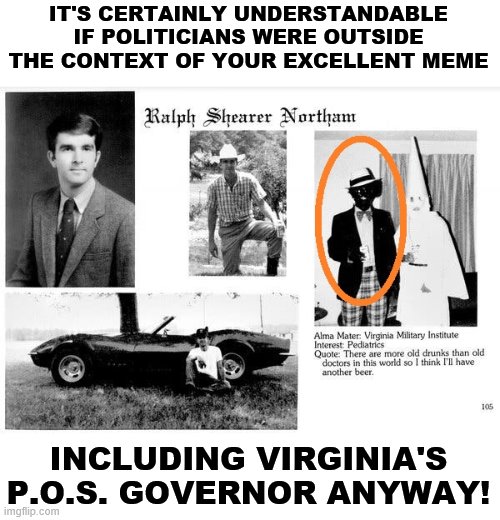 IT'S CERTAINLY UNDERSTANDABLE IF POLITICIANS WERE OUTSIDE THE CONTEXT OF YOUR EXCELLENT MEME INCLUDING VIRGINIA'S P.O.S. GOVERNOR ANYWAY! | made w/ Imgflip meme maker