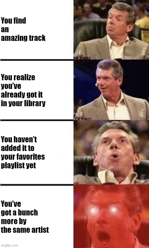 Amazing Music | You find an amazing track; You realize you've already got it in your library; You haven't added it to your favorites playlist yet; You've got a bunch more by the same artist | image tagged in you do x and x happens then it x's and x | made w/ Imgflip meme maker