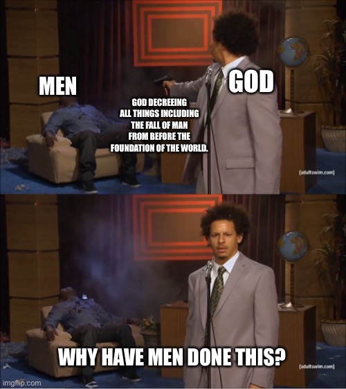 eric andre meme | GOD; MEN; GOD DECREEING ALL THINGS INCLUDING THE FALL OF MAN FROM BEFORE THE FOUNDATION OF THE WORLD. WHY HAVE MEN DONE THIS? | image tagged in eric andre meme,exReformed | made w/ Imgflip meme maker