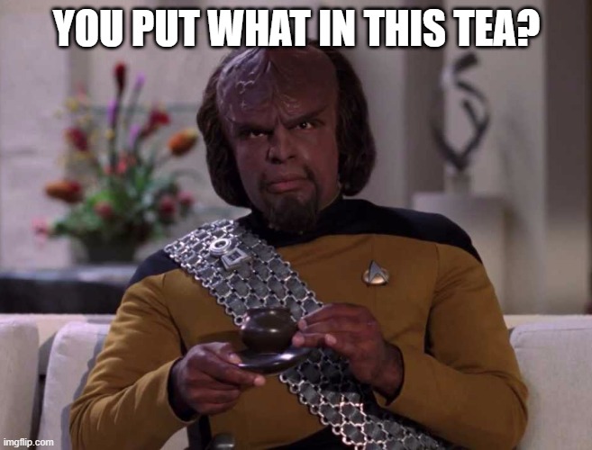 Ugh Oh | YOU PUT WHAT IN THIS TEA? | image tagged in dignified worf | made w/ Imgflip meme maker