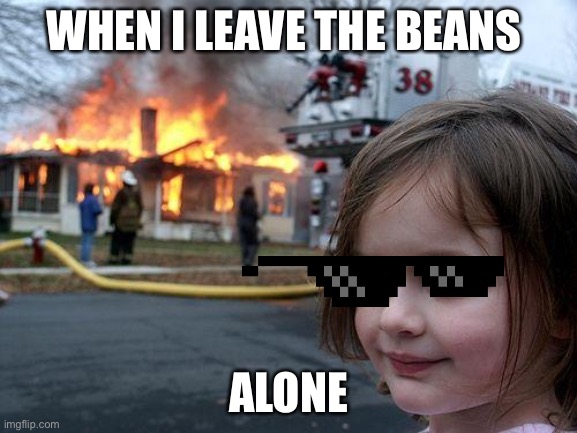 Disaster Girl | WHEN I LEAVE THE BEANS; ALONE | image tagged in memes,disaster girl | made w/ Imgflip meme maker