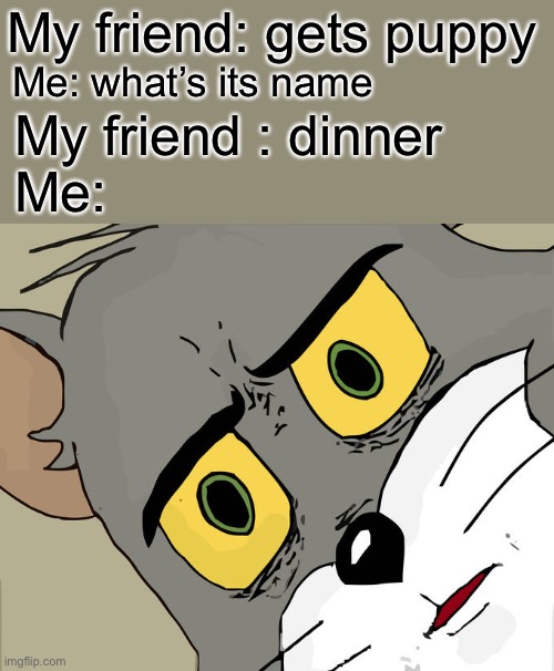 *audible jaw drop* | My friend: gets puppy; Me: what’s its name; My friend : dinner; Me: | image tagged in memes,unsettled tom | made w/ Imgflip meme maker