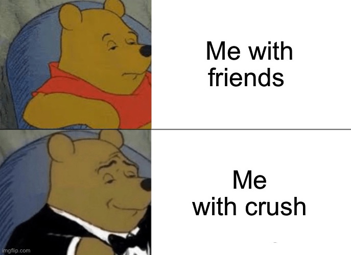 Tuxedo Winnie The Pooh | Me with friends; Me with crush | image tagged in memes,tuxedo winnie the pooh | made w/ Imgflip meme maker