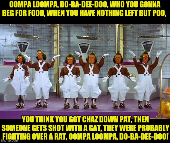 Oompa Loompas | OOMPA LOOMPA, DO-BA-DEE-DOO, WHO YOU GONNA BEG FOR FOOD, WHEN YOU HAVE NOTHING LEFT BUT POO, YOU THINK YOU GOT CHAZ DOWN PAT, THEN SOMEONE G | image tagged in oompa loompas | made w/ Imgflip meme maker