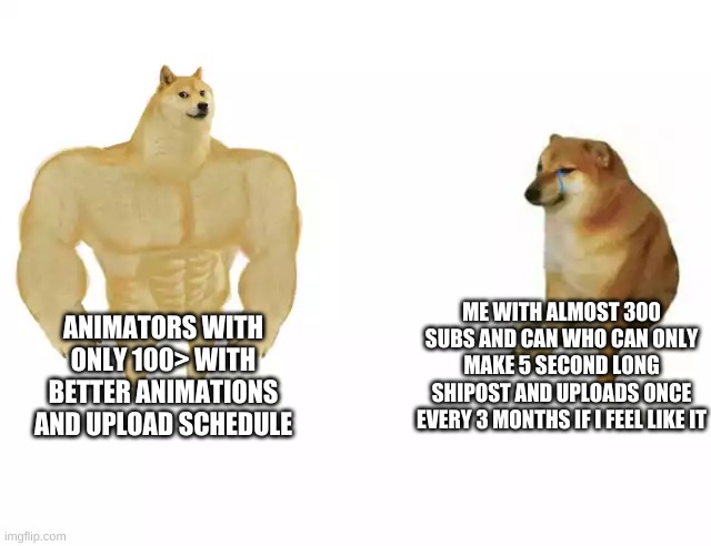 Me | ME WITH ALMOST 300 SUBS AND CAN WHO CAN ONLY MAKE 5 SECOND LONG SHIPOST AND UPLOADS ONCE EVERY 3 MONTHS IF I FEEL LIKE IT; ANIMATORS WITH ONLY 100> WITH BETTER ANIMATIONS AND UPLOAD SCHEDULE | image tagged in buff doge vs cheems,animators,lazy,shitpost | made w/ Imgflip meme maker