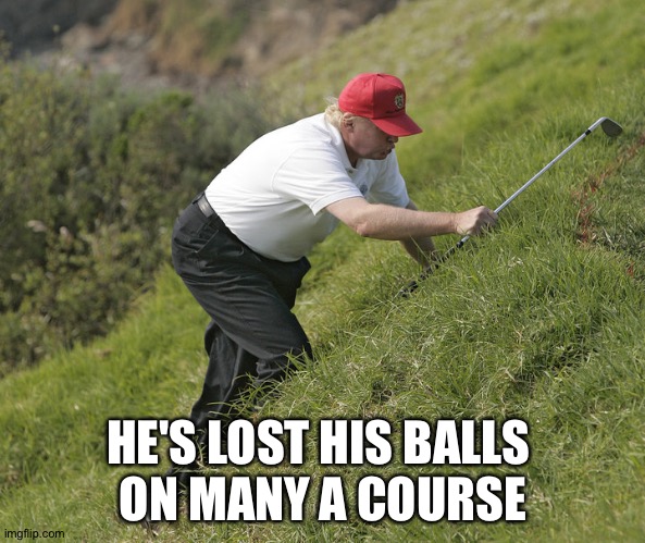 trump golfing | HE'S LOST HIS BALLS 
ON MANY A COURSE | image tagged in trump golfing | made w/ Imgflip meme maker