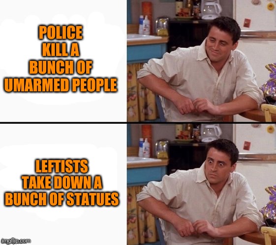 "Comprehending" MAGA | POLICE KILL A BUNCH OF UMARMED PEOPLE; LEFTISTS TAKE DOWN A BUNCH OF STATUES | image tagged in comprehending joey | made w/ Imgflip meme maker