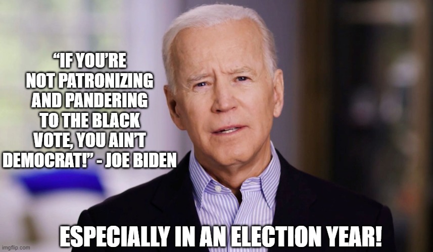 DID YOU EVER NOTICE HOW ONE PARTY SUDDENLY DEVELOPS GREAT CARE AND CONCERN FOR MINORITIES IN AN ELECTION YEAR? | “IF YOU’RE NOT PATRONIZING AND PANDERING TO THE BLACK VOTE, YOU AIN’T DEMOCRAT!” - JOE BIDEN; ESPECIALLY IN AN ELECTION YEAR! | image tagged in joe biden 2020,democrats love blacks in an election year,biden the magnificent | made w/ Imgflip meme maker