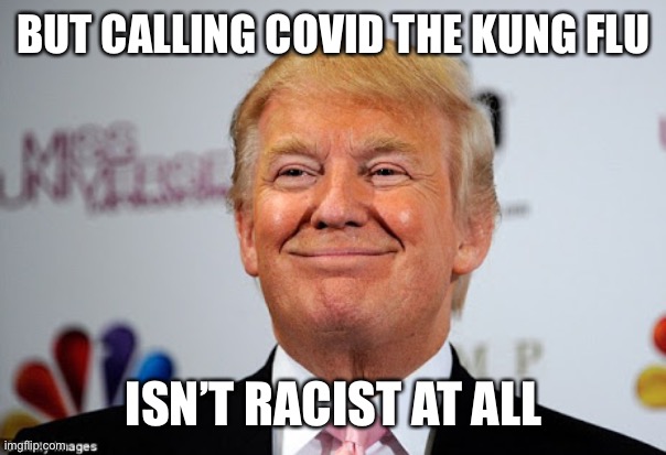 Donald trump approves | BUT CALLING COVID THE KUNG FLU ISN’T RACIST AT ALL | image tagged in donald trump approves | made w/ Imgflip meme maker