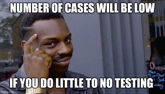 clever black guy | NUMBER OF CASES WILL BE LOW; IF YOU DO LITTLE TO NO TESTING | image tagged in clever black guy | made w/ Imgflip meme maker