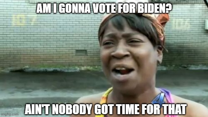 Vote for Biden | AM I GONNA VOTE FOR BIDEN? AIN'T NOBODY GOT TIME FOR THAT | image tagged in memes,ain't nobody got time for that,funny,biden,hidin biden | made w/ Imgflip meme maker
