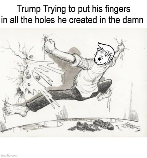 Trump Trying To Put Fingers In All The Holes Of The Dam | image tagged in trump trying to put fingers in all the holes of the dam | made w/ Imgflip meme maker