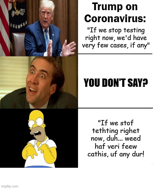 Trump Coronavirus Testing You Don't Say | Trump on Coronavirus:; "If we stop testing right now, we'd have very few cases, if any"; YOU DON'T SAY? "If we stof tethting righet now, duh... weed haf veri feew cathis, uf any dur! COVELL BELLAMY III | image tagged in trump coronavirus testing you don't say | made w/ Imgflip meme maker
