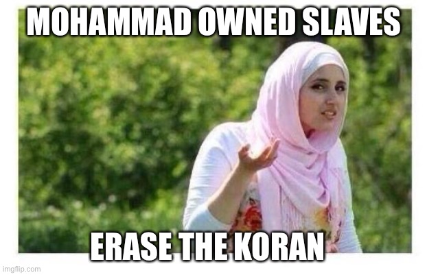 Confused Muslim Girl | MOHAMMAD OWNED SLAVES; ERASE THE KORAN | image tagged in confused muslim girl | made w/ Imgflip meme maker