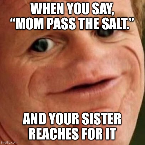 SOSIG | WHEN YOU SAY, “MOM PASS THE SALT.”; AND YOUR SISTER REACHES FOR IT | image tagged in sosig | made w/ Imgflip meme maker