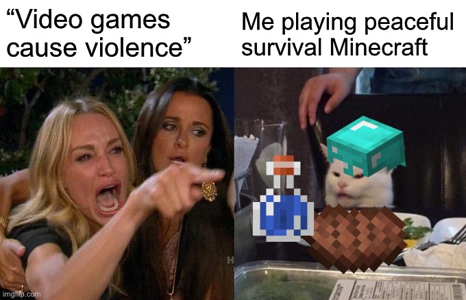 People |  “Video games cause violence”; Me playing peaceful survival Minecraft | image tagged in memes,woman yelling at cat,minecraft,video games,violence | made w/ Imgflip meme maker