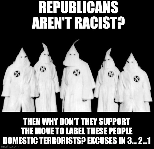 The supremacy test. | REPUBLICANS AREN'T RACIST? THEN WHY DON'T THEY SUPPORT THE MOVE TO LABEL THESE PEOPLE DOMESTIC TERRORISTS? EXCUSES IN 3... 2...1 | image tagged in kkk,republicans,racism,white supremacy | made w/ Imgflip meme maker