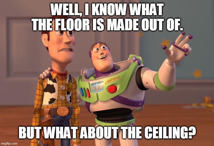 X, X Everywhere Meme | WELL, I KNOW WHAT THE FLOOR IS MADE OUT OF. BUT WHAT ABOUT THE CEILING? | image tagged in memes,x x everywhere | made w/ Imgflip meme maker