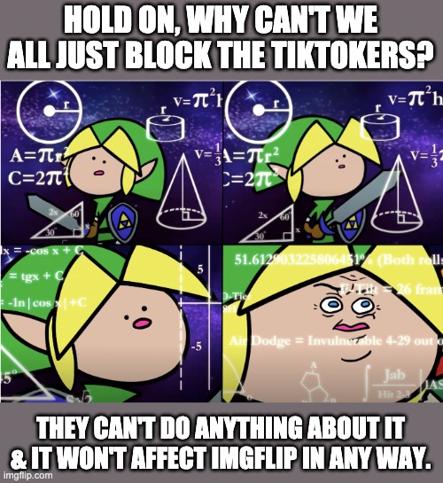This whole war could've been prevented by pressing a single button | HOLD ON, WHY CAN'T WE ALL JUST BLOCK THE TIKTOKERS? THEY CAN'T DO ANYTHING ABOUT IT & IT WON'T AFFECT IMGFLIP IN ANY WAY. | image tagged in calculating link | made w/ Imgflip meme maker