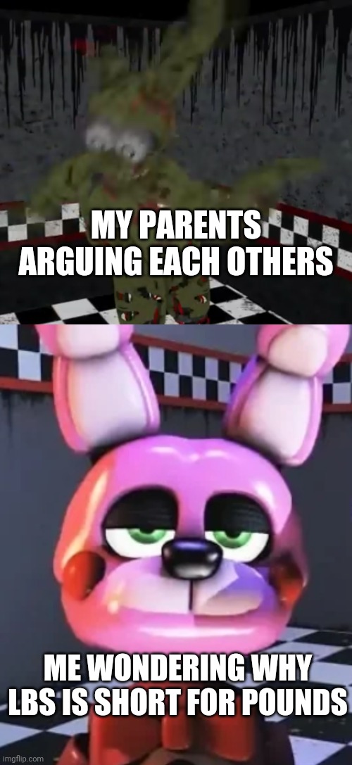 E | MY PARENTS ARGUING EACH OTHERS; ME WONDERING WHY LBS IS SHORT FOR POUNDS | image tagged in fnaf,springtrap,bruh | made w/ Imgflip meme maker